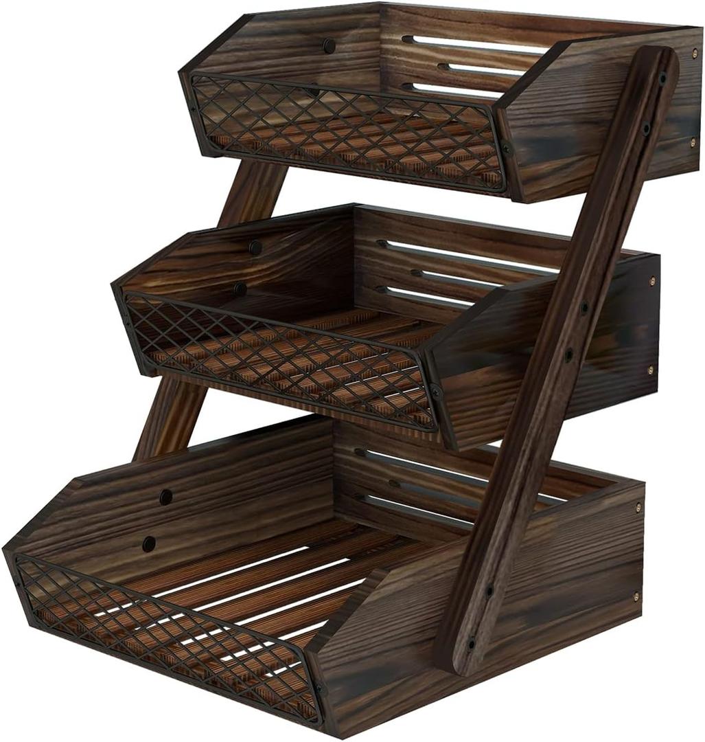 Dorhors Fruit Basket for Kitchen, 3 Tier Fruit Bowl for Kitchen Counter,Wooden Vegetable Holder for Countertop, Brown