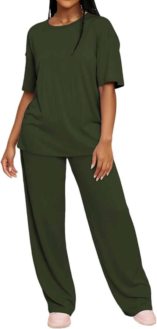 HBQ Women's 2 Piece Outfits Loose Fit Tops Wide Leg Pants Short Sleeve Lounge Matching Sets Sweatsuits, Small