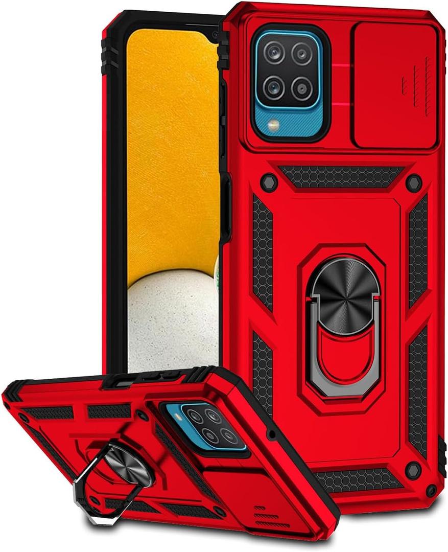 Case for Galaxy A12 Case, Samsung A12 Nacho SM-A125U Case with Slide Camera Cover, Built-in 360 Rotate Ring Kickstand Magnetic Shockproof Phone Cover for Samsung Galaxy A12 Red