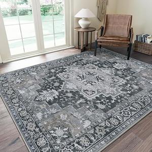 GENIMO Area Rugs 8x10 for Living Room, Non-Slip Machine Washable Rug for Hallway Kitchen, Low Pile Print Rug for Bedroom Dining Room Home Office, Deep Gray