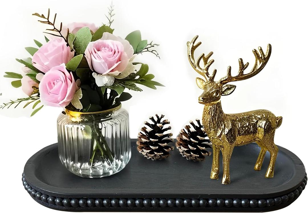 dwellington Wooden Farmhouse Decorative Tray, 12in Rustic Beaded Tray for Living Room Decor, Kitchen Table Dcor, Oval Coffee Table Serving Tray (Black)