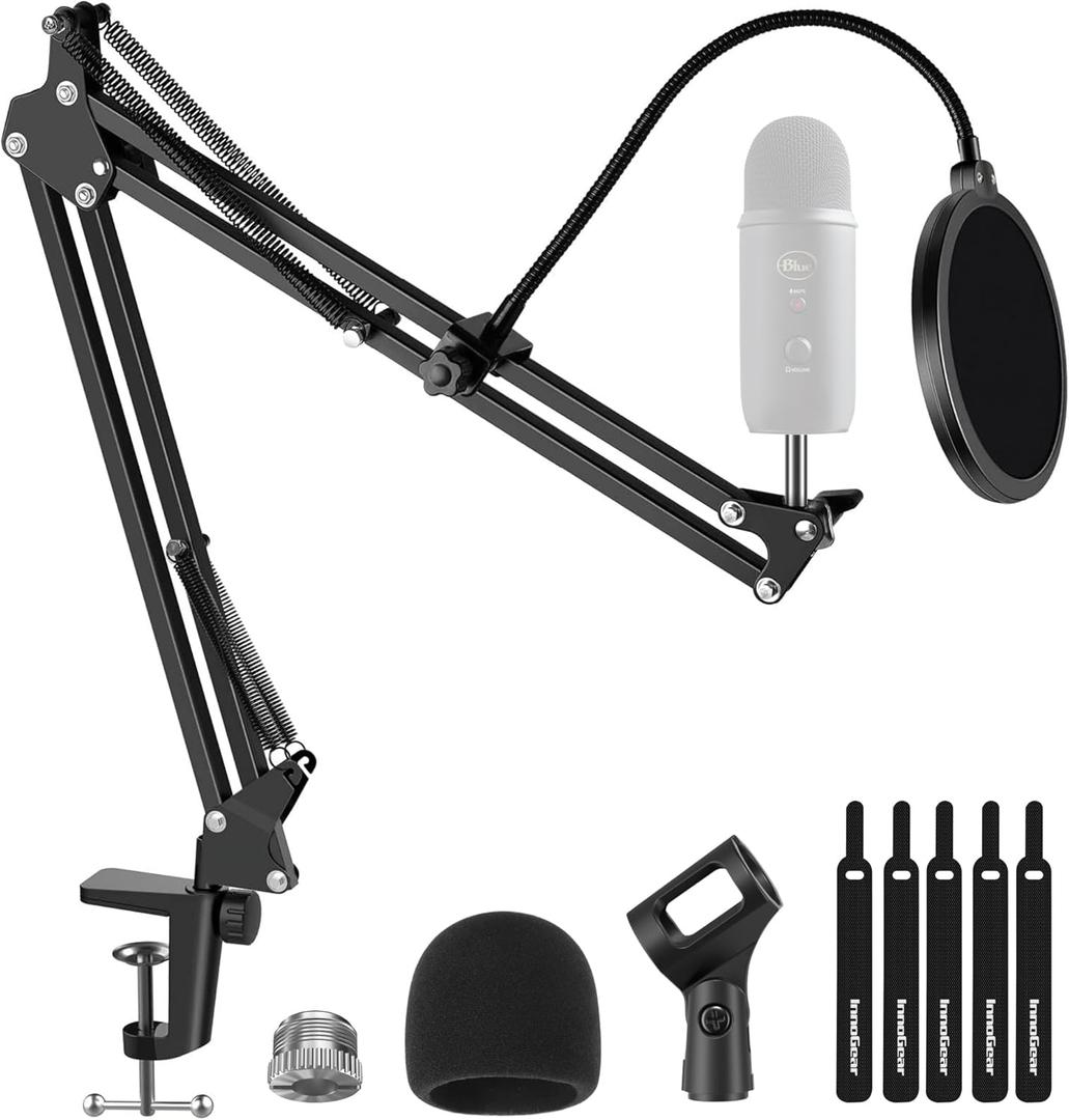 InnoGear Mic Stand for Blue Yeti, Heavy Duty Microphone Stand with Microphone Windscreen and Dual Layered Mic Pop Filter Suspension Boom Scissor Arm Stands for Blue Spark and Other Mics, Medium