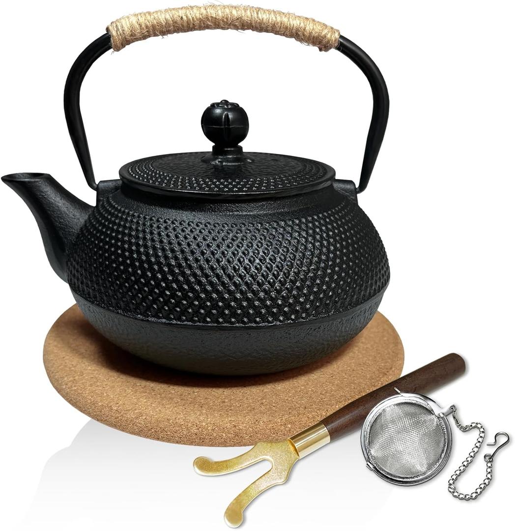 Japanese Cast Iron Teapot,Cast Iron Tea Kettle Stovetop Safe, Tea Kettle with Stainless Steel Infuser,For Wood/Campfire/Gas Stove Top(22 oz/650 ml,Black)