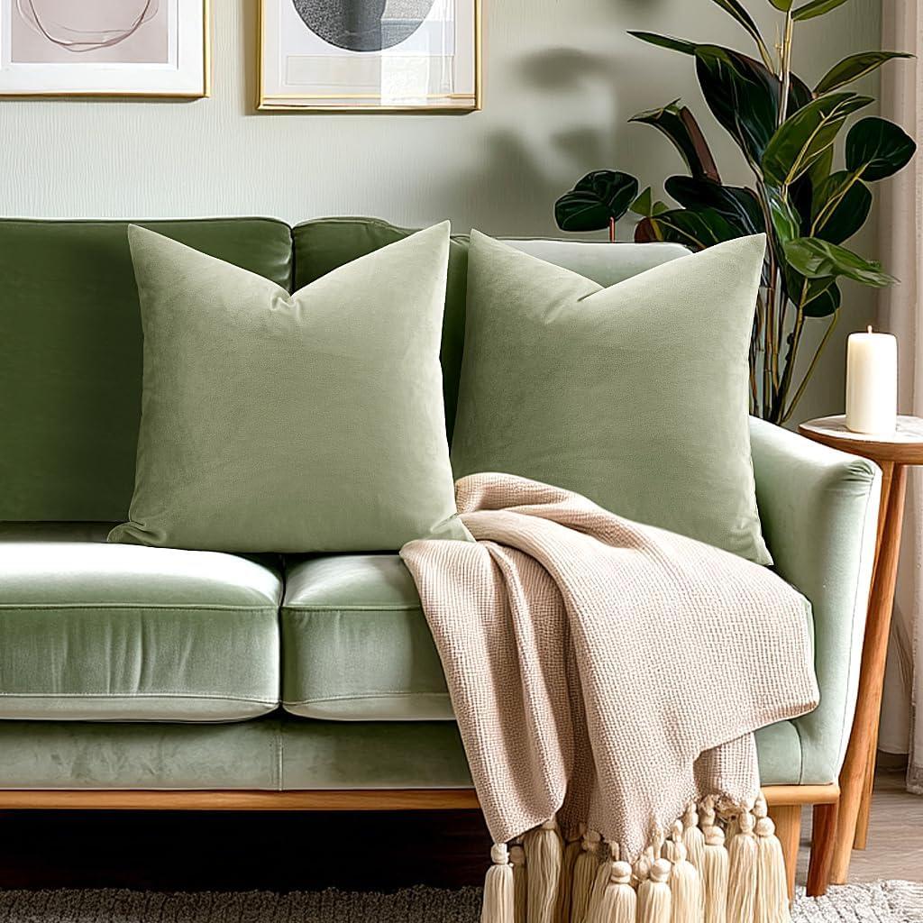 22x22 Velvet Pillow Covers Set of 2 Sage Green Decorative Square Throw Pillowcase Soft Solid Cushion Covers for Bedroom Living Room Outdoor Indoor Decoration