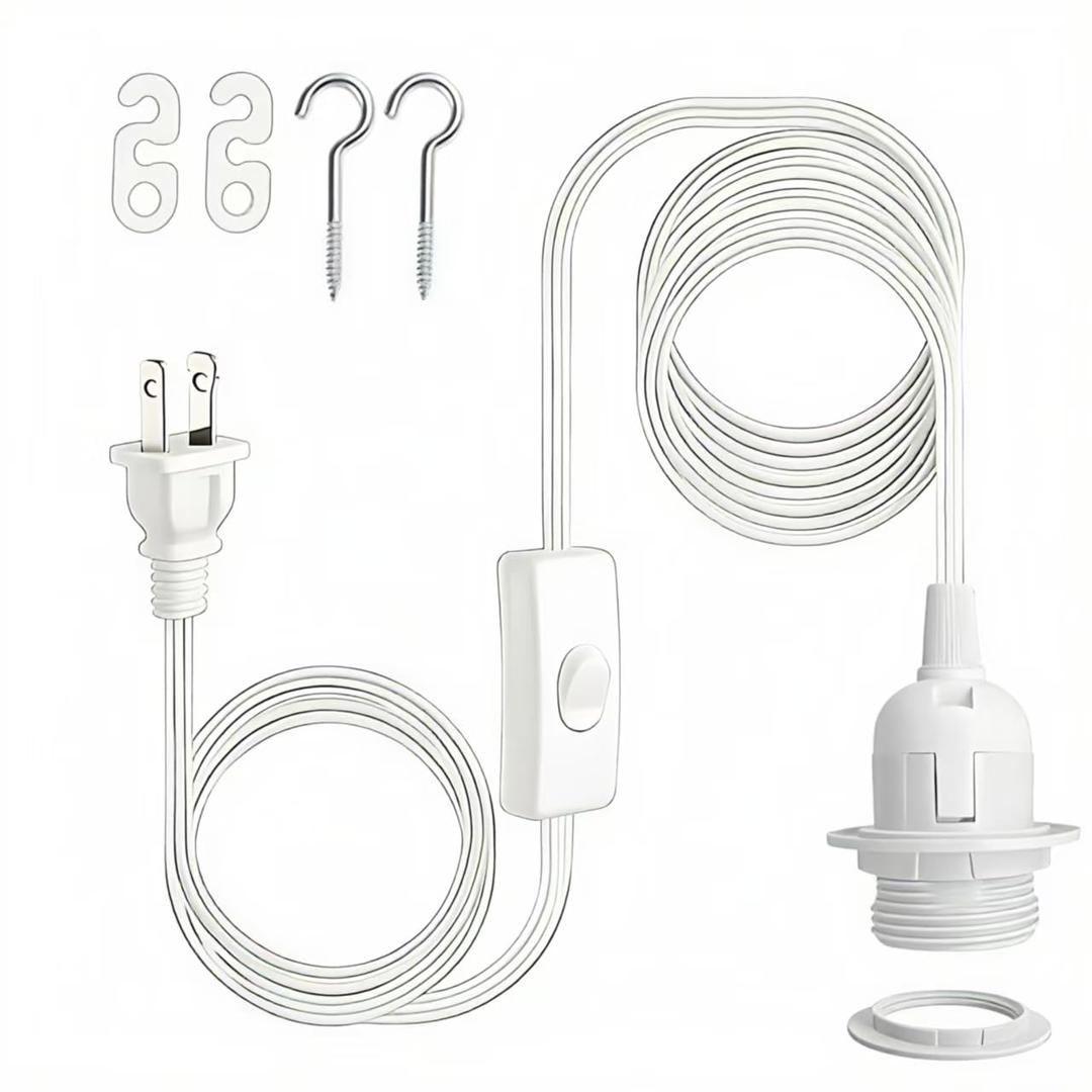 20FT Hanging Lantern Extension Cord, Pendant Light Cable with On/Off Switch - E26/E27 Pendant Light Socket, White DIY Lamp Socket for Chandeliers & Ceiling Lights -1 Pack
