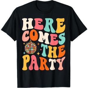 Here Come The Party Retro Bachelorette Bridal Party Wedding T-Shirt (Small, Black)