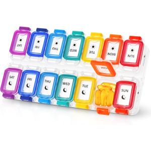 Fullicon Moisture Proof Pill Organizer 2 Times a Day, Large Pill Box 7 Day, Spill Proof Pill Case, Travel Pill Container, Medicine Pill Organizer with Secure Lids, Daily Pill Organizer (Rainbow Clear)