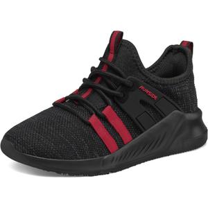 RUNSIDE Boys Girls Tennis Shoes Kids Lightweight Breathable Sneakers Lace-up Running Athletic Shoes for Toddler/Little Kid/Big Kid (Black/Red, 1 Big Kid)