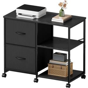2-Drawer Fabric Lateral File Cabinet with Wheels, Rolling Printer Stand with Open Storage Shelf for Home Office, Black