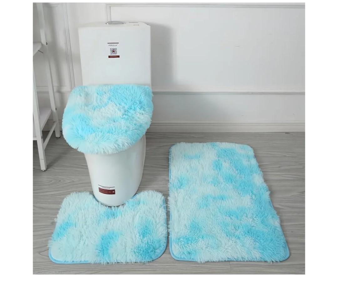 Bathroom Rugs Sets 3 Piece,U-Shaped Toilet Floor Mat +Non Slip Rugs +Toilet Lid Cover Mat,with PVC Point Rubber Backing (Light Blue Gradient)