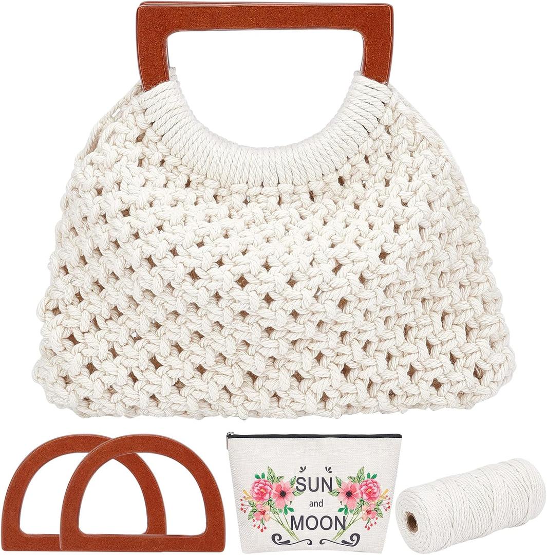 WEBEEDY Macrame Bag DIY Kit for Adults Macrame Kit for Beginners Macrame Purse DIY Kit for Women Macrame Handbag with Wooden Handle Hobbies Project for Starter Christmas Boho Gift Idea (Natural)