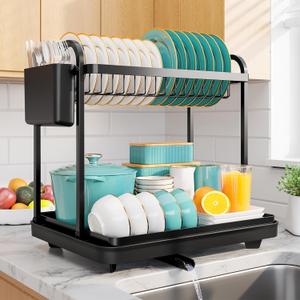 Sakugi 2-Tier Dish Drying Rack - Stainless Steel Dish Rack with Cutlery & Utensil Holders for Kitchen Counter, Sink Organization and Storage for Small Family, 15" W x 11.4" L x 15" H, Black, Large