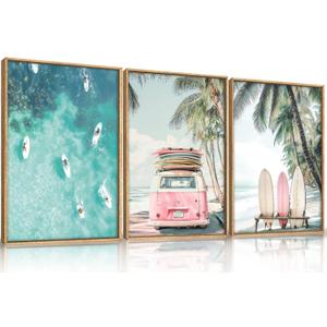 HOURIA Summer Surfboard Beach Framed Canvas Wall Art Set,Modern Ocean Surfing Seascape Wall Decor,Coastal Bus Coconut Tree Wall Painting,Nature Botanical Art Prints for Living Room, Bedroom-24 x36 x3