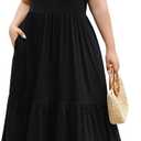 Women's Plus Size Midi Casual Dress with Pockets 1X-4X Tiered Short Sleeve Relax Fit Crewneck Summer Dresses (XX-Large Plus, Black)