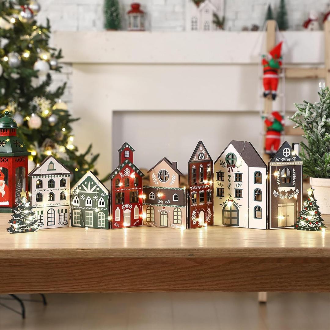Retisee 1 Set Christmas Montessouri House Decorations Foldable Wooden Christmas Montessouri House with LED Light and 2 Pcs Tree Xmas Village Home Decor Gift for Party (Multicolor)