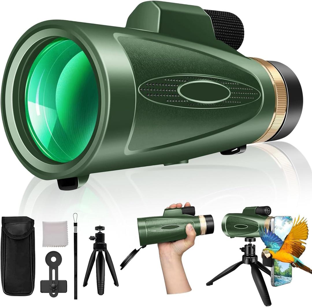 Monocular Telescope 80x100 High Power with Smartphone Adapter Tripod,Larger Vision Monoculars for Adults with BAK4 Prism & FMC Lens, Suitable for Bird Watching Hunting Hiking Camping Wildlife-Green