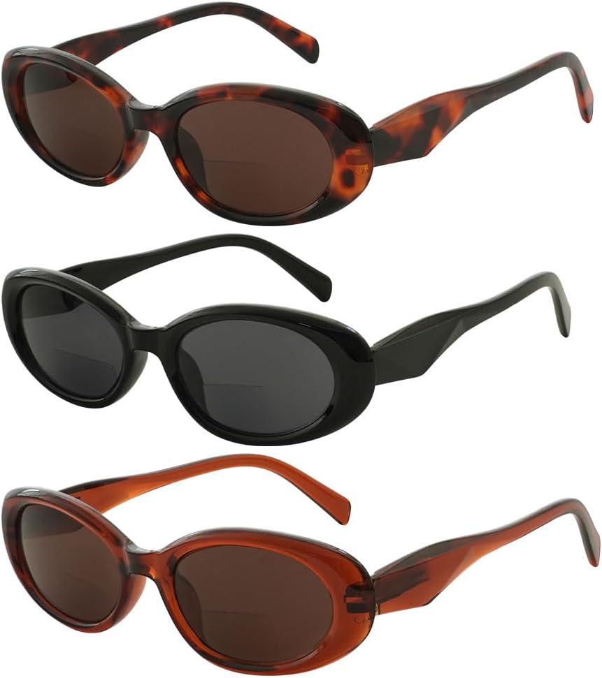 JiSoo Oval Bifocal Sunglasses for Women Reader Sunglasses Small Cute Reading Sunglasses for Women 3Pack (Black/Tea/Tortoise)