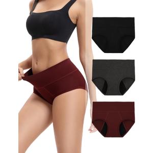 INNERSY Women's Bamboo Viscose Heavy Flow Period Underwear High Waisted Leakproof Panties 3 Pack (Large, Black/Gray/Red)