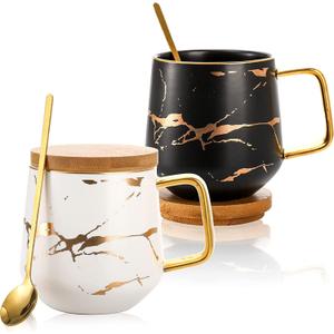 Classic Ceramic Kintsugi Style Coffee Tea Mug with Gold Inlay, Spoon and Bamboo Lid- 12 OZ, Set of 2- Large Mugs, Unique Design, Perfect Novelty Gift- Dishwasher Safe (White/Black)