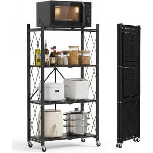 ALANNG Heavy Duty 4-Tier Folding Shelf with Wheels, No Tools Assembly Metal Storage Rack Cart, 264LBS Capacity for Kitchen, Pantry, Laundry Room, Garage, (Black, 1PACK)