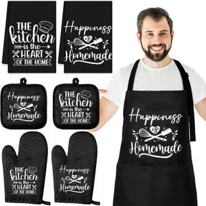 Sratte 7 Pcs Kitchen Towels Oven Mitts and Pot Holders with Cooking Apron 1 Chef Cooking Apron 2 Dish Towels 2 Kitchen Oven Mitts 2 Heat Resistant Pot Holder with Hanging Loop Set (Delicate)