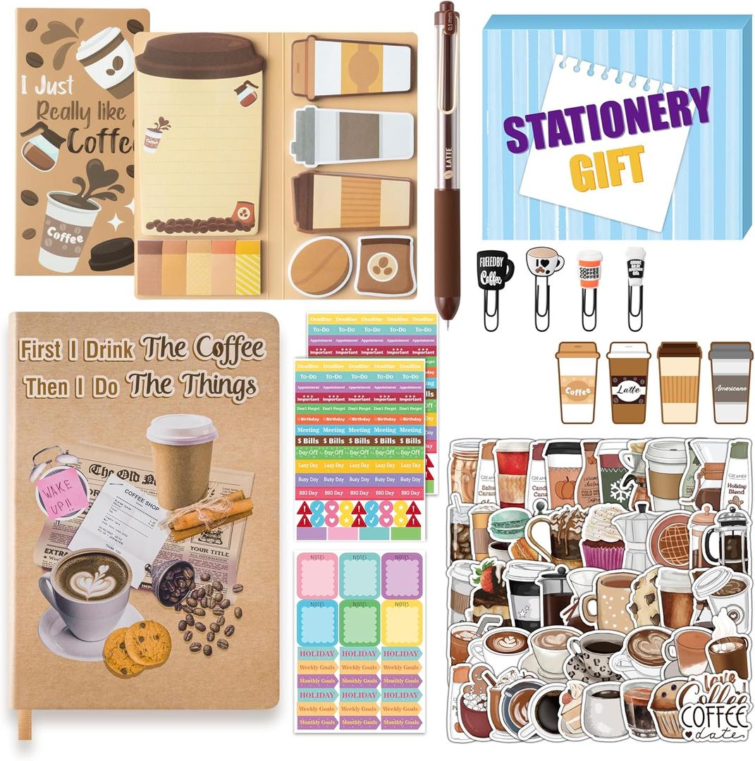 B1ykin Notebook Sticky Notes Stationery Set, 6Pcs Hardcover Ruled Journal Notebook with Planner Stickers, Neutral Pen Bookmarks Clips Birthday Gift for Office School Students (Coffee)