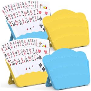 RESOVO Playing Cards Holders Stands Decks w/Foldable Tabletop Stand, 3 Layers Design for Poker UNO Cards, Playing Card Accessories, Set of 4 (2 Blue + 2 Yellow)