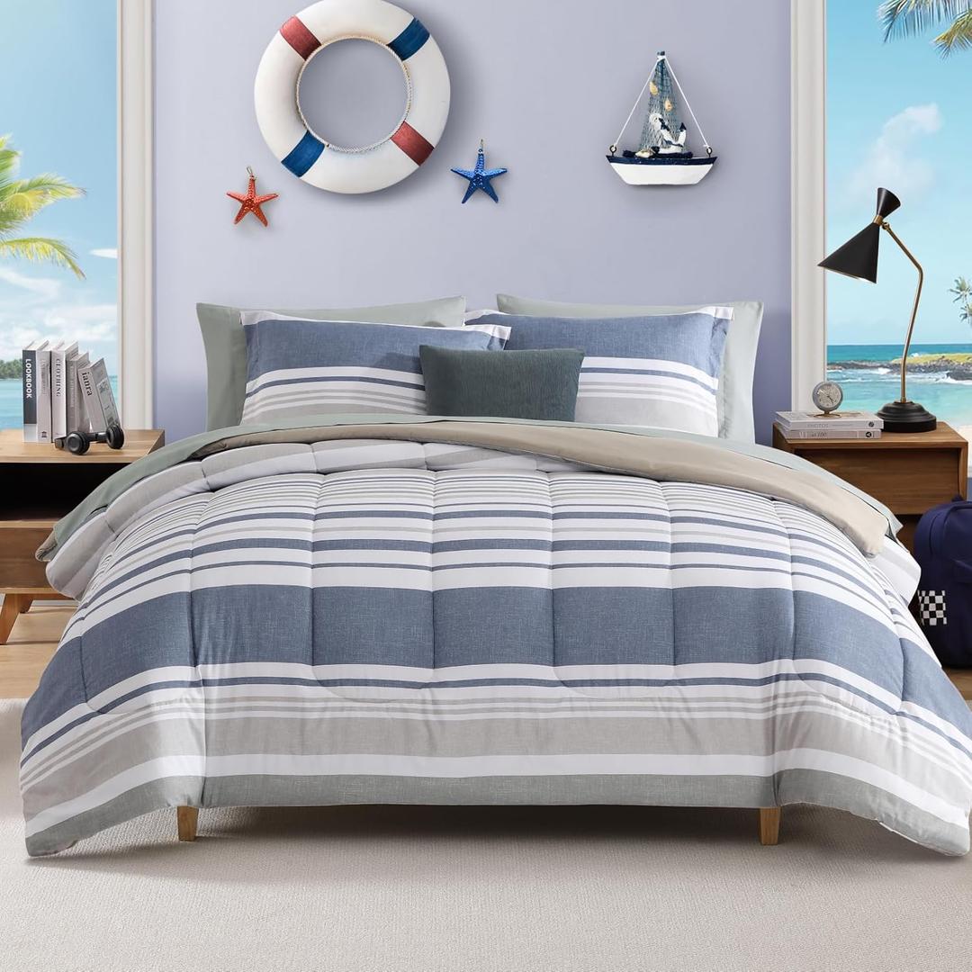 AMBERSPACE Twin XL Comforter Set Striped, Sea Blue Bedding Set 5 Pieces for Boys Girls Teen, All Season Bed in a Bag for Dorm with Sheets, Pillowcase & Sham