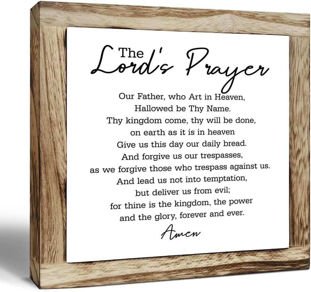 Religious Wood Sign, Lord's Prayer Sign, Christian Wall Plaque 7.87.8in, Wooden Plaques Signs Table Decor, Farmhouse Decor for Shelf, Inspirational Church Decoration and Christian Home Wall Art