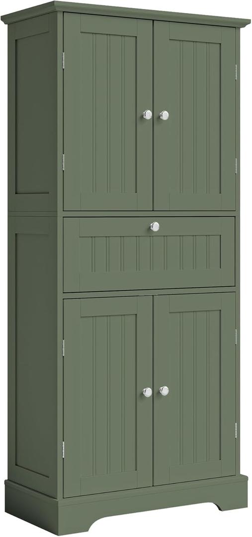 ChooChoo 51" H Tall Bathroom Floor Cabinet, Modern Bathroom Storage Cabinet with Drawer and Adjustable Shelves, Freestanding Kitchen Pantry Cupboard with 4 Doors for Living Room, Green