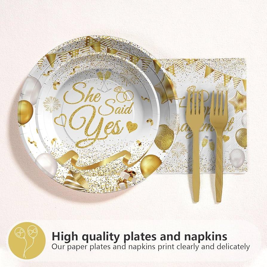 happy engagement paper napkins forks and plates