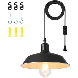 Plug in Pendant Light for Farmhouse Warehouse, Industrial Hanging Light for Living Room Bedroom Kitchen, 197 Cord with on/Off Switch, Black and White Finish,E26 Base (Bulb not Included)