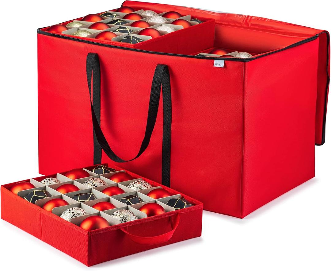 ZOBER Christmas Ornament Storage Box - Stores 200 3" Ornaments with Individual Trays - Tear Proof 600D Oxford Fabric - ornament organizer storage box (Red, 200-3" Ornaments)