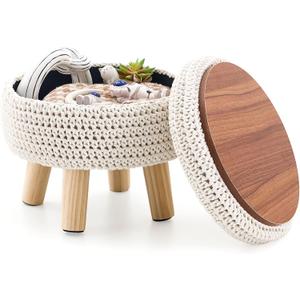Round Storage Ottoman Foot Rest Cotton Braided Foot Stool Pouf Ottoman with Solid Wood Legs Footstool with Storage Shoe Changing Stool for Living Room White (13"D x 13"W x 11.3"H)