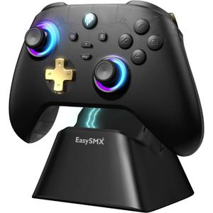 EasySMX D05 PC Controller - Enhanced Wireless Bluetooth Pro Controller with Charging Dock/Hall Sensor/RGB Lighting - No Stick Drift, No Dead Zone - Work for Windows PC, Android, Steam and Switch (black gold)