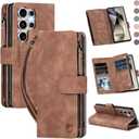for Samsung Galaxy S24-Ultra-Wallet Case: with RFID Blocking Card Slots (6 Cards) | Soft PU Leather Magnetic Snap Zipper Pocket | Crossbody Wrist Strap Protective Phone Cover - Brown