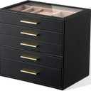 pickpiff Jewelry Box Organizer Case for Women: 5-Layer Jewelry Storage Case with Glass Window, Black Leather with Blush Velvet, Holder for Ring Necklace Bracelet Brooch Watch, Great Gift for Her