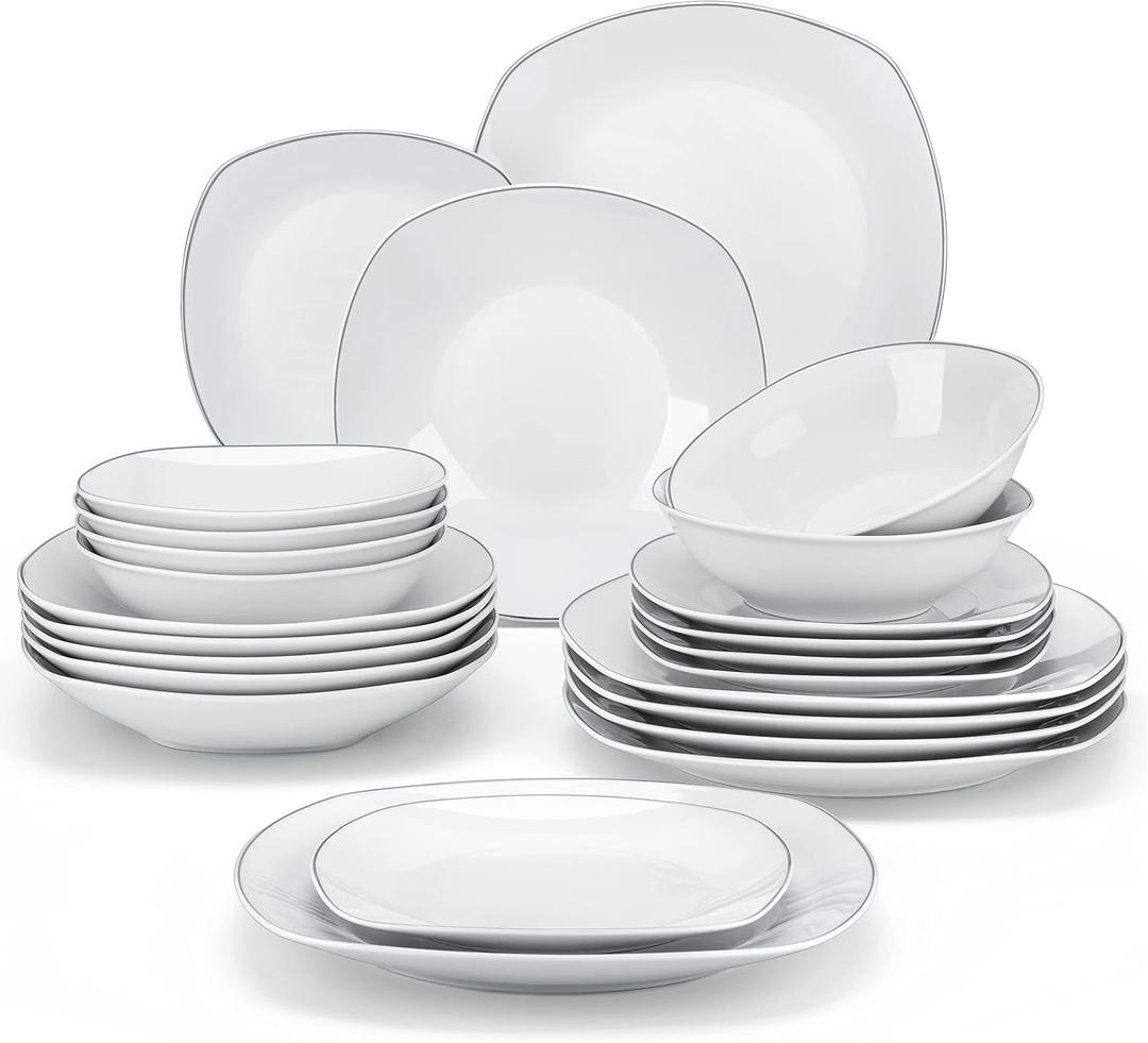 MALACASA Dinnerware Sets, 24 Piece Porcelain Square Dishes, White with Silver Rim Plates and Bowls Sets, Ceramic Dish Set for 6, Chip Resistant Dishware Sets, Series ELISA