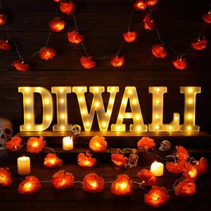 8 Pcs Diwali Light up Letters 8.58 Inch Battery Powered Sign Letter with 2 Lighted Marigold Garland LED Artificial Marigold Flowers String Lights for Diwali Indian Home Wedding Party Decor