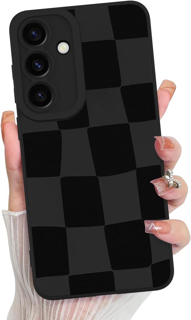 KANGHAR Compatible with Samsung Galaxy S25 Plus Case, Silicone Checkered Cute Pattern, Camera Protection Soft Slim Phone Case for Girls Women -Black