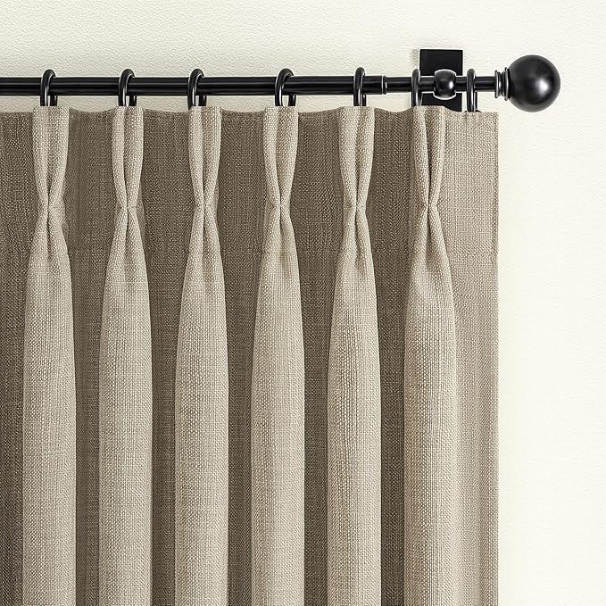 Greenish Gray Linen Curtains 84 Inch Length 2 Panels Set for Bedroom, Boho Pinch Pleated Blackout Dual Layer Thick Drapes 84 Inches Long Insulated Soundproof Window Curtain with Back Tab 