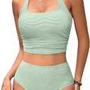 BMJL Womens High Waisted Bikini Sets Halter Two Piece Swimsuits Sporty Ribbed Tummy Control Bathing Suit (Medium, Green)