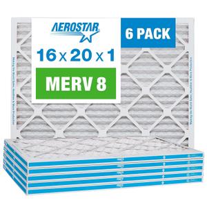 Aerostar 16x20x1 Air Filter MERV 8 - 6 Count - Removes Dust Mites, Lint, Mold, Pet Dander & Allergy-Causing Pollen - Pleated Electrostatic MPR 600 & FPR 5 Furnace Air Filters