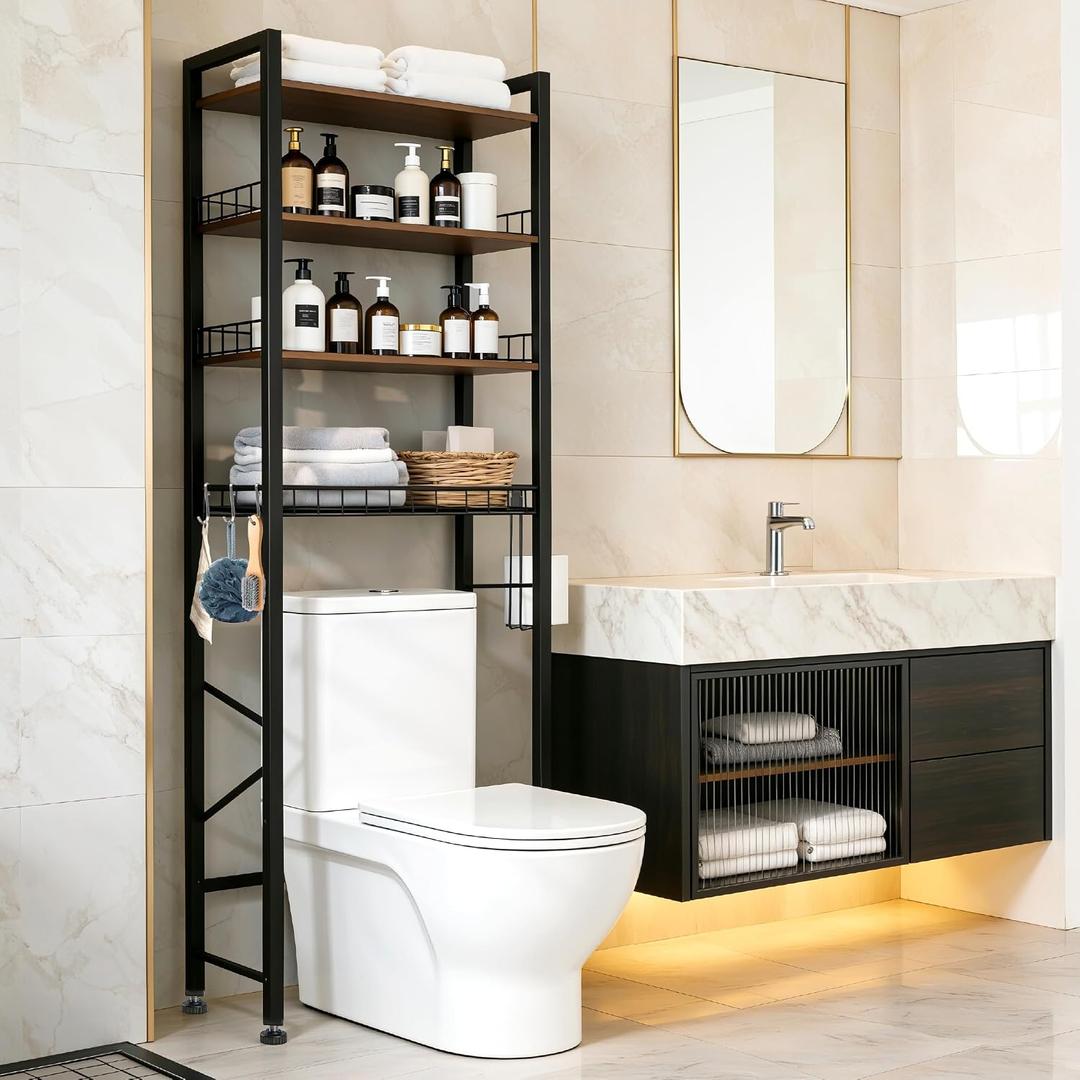 4-Tier Bathroom Organizer Shelf Over The Toilet Storage Cabinet with Feet Pad Over The Toilet Storage Rack with Adjustable Shelf and Basket Bathroom Shelves Above Toilet Bathroom Shelves, 23.6 x 9.4 x 68 inches