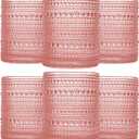 Pink Vintage Hobnail Drinking Glasses Set of 6, Embossed Water Tumbler 12oz, Kitchen & Bar Beaded Glass Cups, Beverage Glass Cups for Water, Beer, Juice, New Year gifts