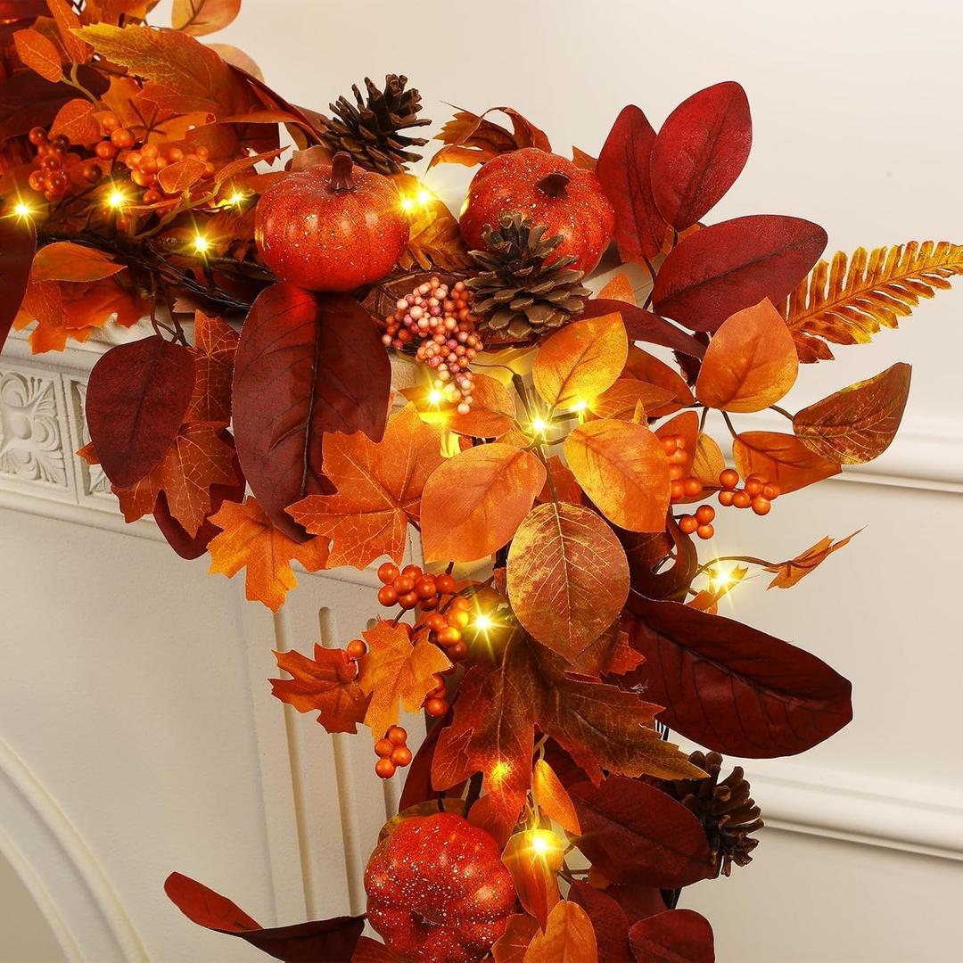 SHareconn 6ft Fall Garland with Lights, Autumn Leaves Garland with Realistic Pumpkins, Thanksgiving Christmas Decorations for Mantle Home Wedding Table Porch Indoor Outdoor, Orange, 6 FT