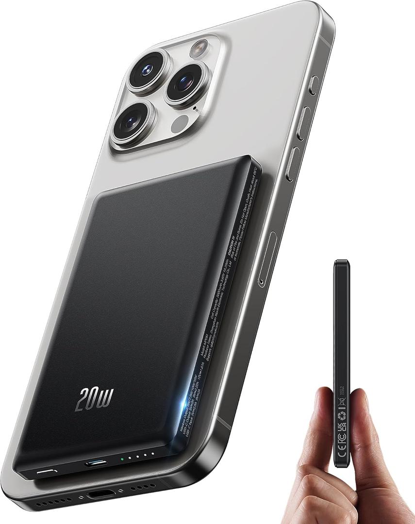 for Magsafe Battery Pack, Ultra Slim Wireless Portable Charger 5000mAh, 20W PD Magnetic Power Bank Fast Charging USB C in&Out Powerbank for iPhone 16/15/14/13/12 Mini Plus Pro Max, Metallic Black