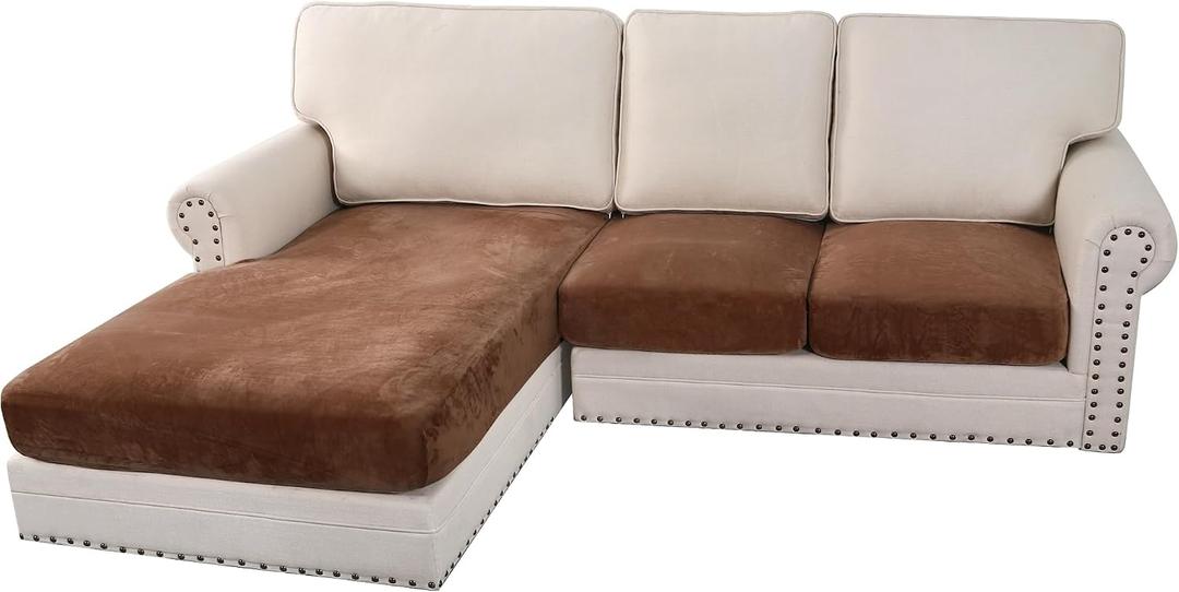 H.VERSAILTEX Velvet Stretch Sectional Couch Covers 3 Pieces Sofa Seat Cushion Covers L Shape Separate Cushion Couch Chaise Cover for Both Left/Right Couch(Large Sofa 2 Seater + 1 Chaise, Caramel Cafe)
