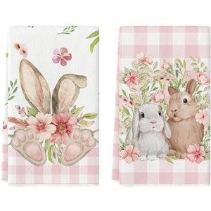 Artoid Mode Pink Buffalo Plaid Bunny Rabbit Flower Easter Kitchen Towels Dish Towels, 18x26 Inch Seasonal Decoration Hand Towels Set of 2