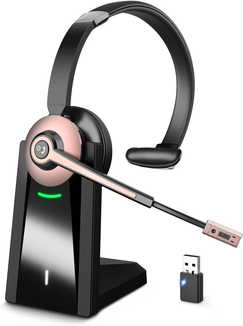 Wiressless Headset with Mic for Work, Bluetooth Headset with Noise Cancelling Microphone, On Ear Wireless Headphones with USB Dongle & Charging Base & Mute Function for Work from Home Computer Office